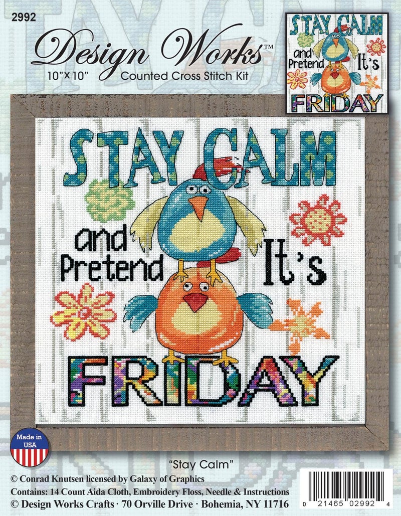 Design Works Crafts, 10"" x 10"" Counted Cross Stitch Kit, Stay Calm, White - Image 2